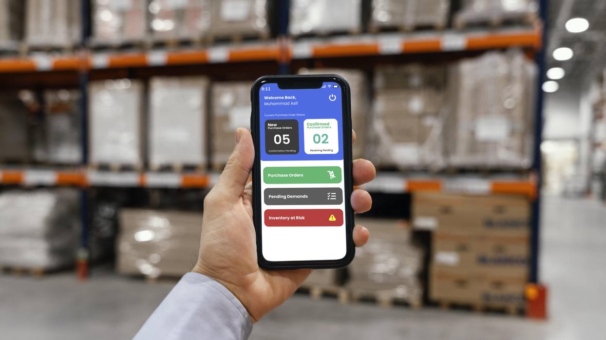 VisioEdge store keeper mobile app held in a warehouse showing purchase order counts